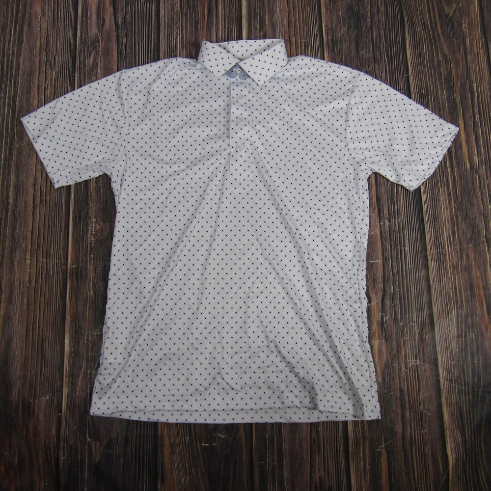 Golf‎ Polo Shirt Mens Medium White Blue Geometric Print Short Sleeve Performance